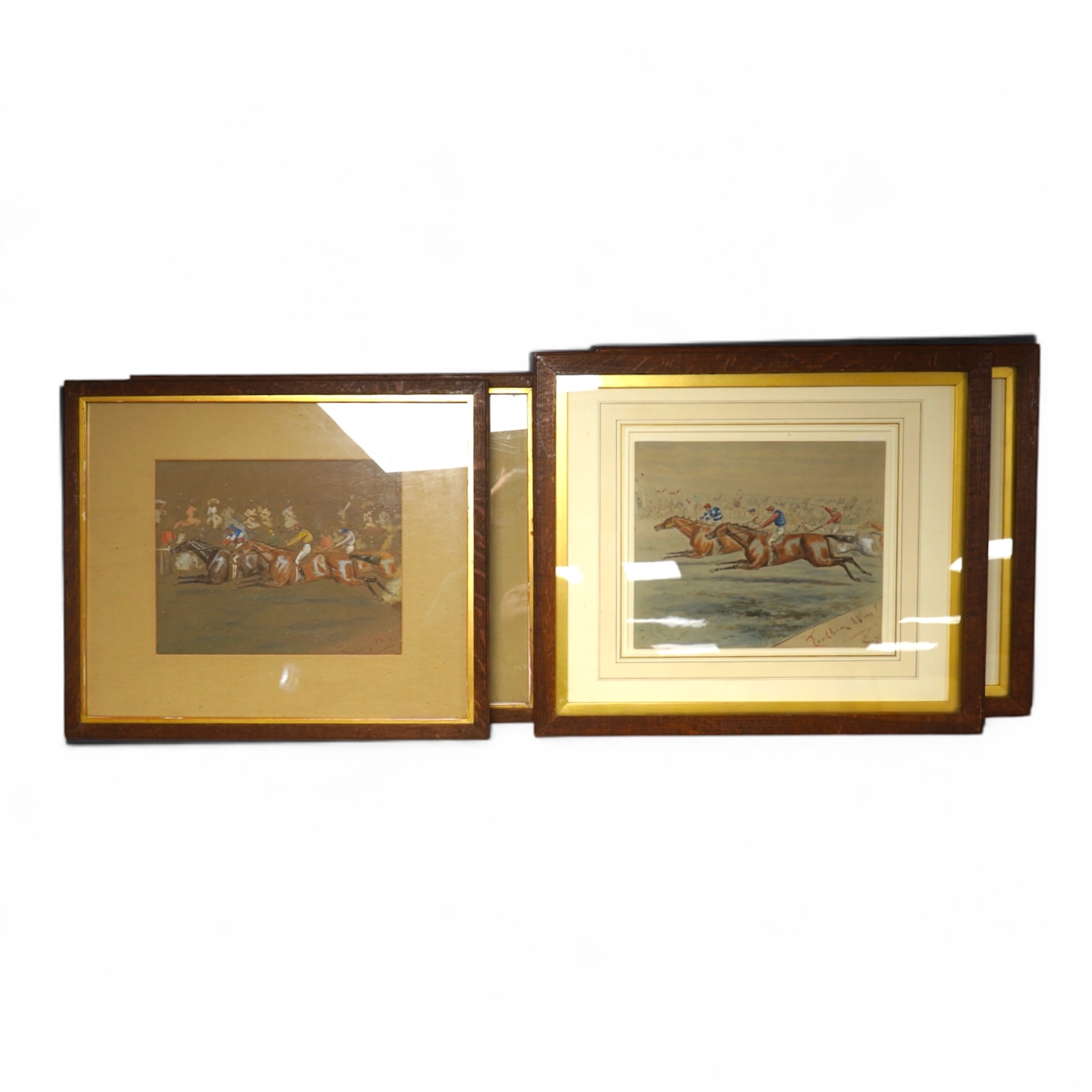 George Finch Mason (1850-1915), ‘Archer Wins!’ and ‘Findham Wins!’, each signed, pair of horse racing interest watercolours, 22 x 27cm together with George Finch Mason (1850-1915), Horse racing scenes, one titled ‘Fordli